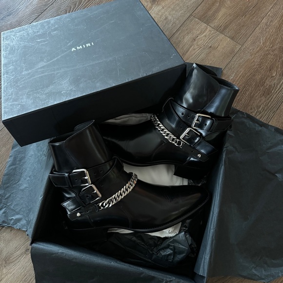 AMIRI Black Buckle Chain Smooth Leather Boots Size EU 44 US 11